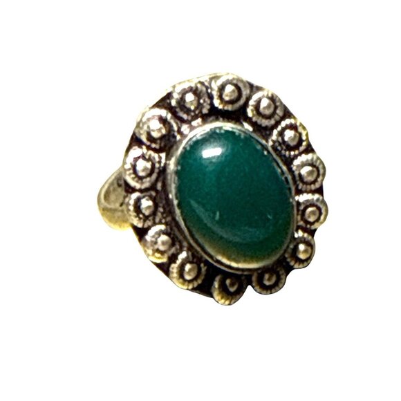 Sterling Silver Green Onyx Oval Ring Vintage Floral Boho Statement Jewelry - Picture 5 of 6